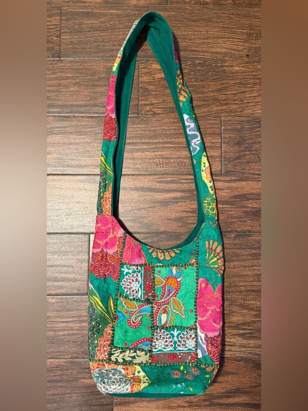 Green Floral Patchwork Shoulder Bag - Boho Tote